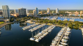 Aerial photo of the marina at St Petersburg and neighboring highrise buildings
